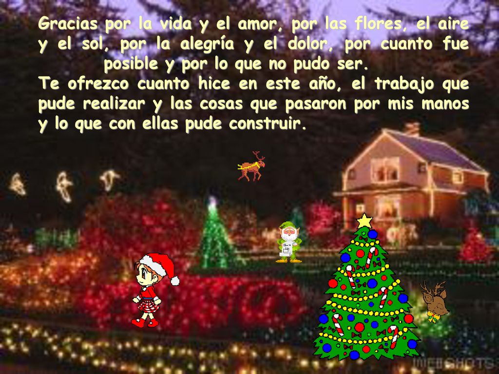 Gracias por la vida y el amor, por las flores, el aire y el sol, por la alegría y el dolor, por cuanto fue posible y por lo que no pudo ser. Te ofrezco cuanto hice en este año, el trabajo que pude realizar y las cosas que pasaron por mis manos y lo que con ellas pude construir.