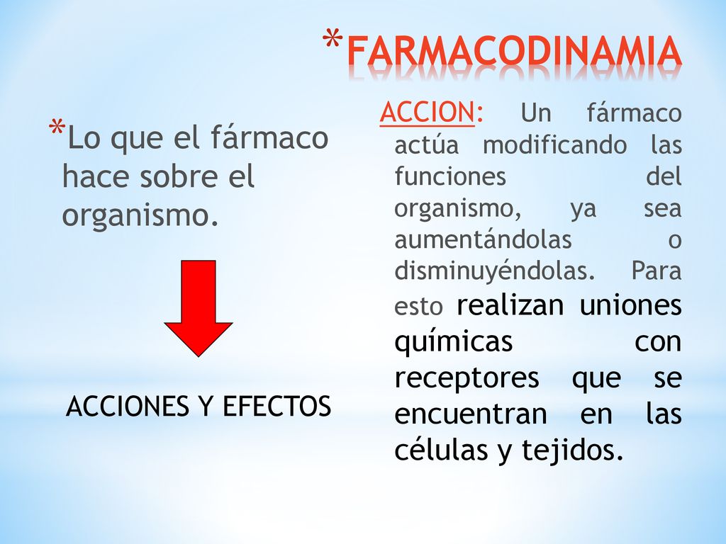 FARMACODINAMIA Lo que el fármaco hace sobre el organismo.