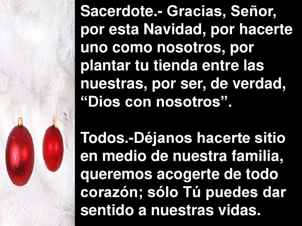 Sacerdote.- Gracias, Señor, por esta Navidad, por hacerte uno como nosotros, por plantar tu tienda entre las nuestras, por ser, de verdad, Dios con nosotros .