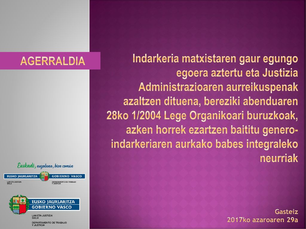 Indarkeria matxistaren gaur egungo egoera aztertu eta Justizia Administrazioaren aurreikuspenak azaltzen dituena, bereziki abenduaren 28ko 1/2004 Lege Organikoari buruzkoak, azken horrek ezartzen baititu genero-indarkeriaren aurkako babes integraleko neurriak