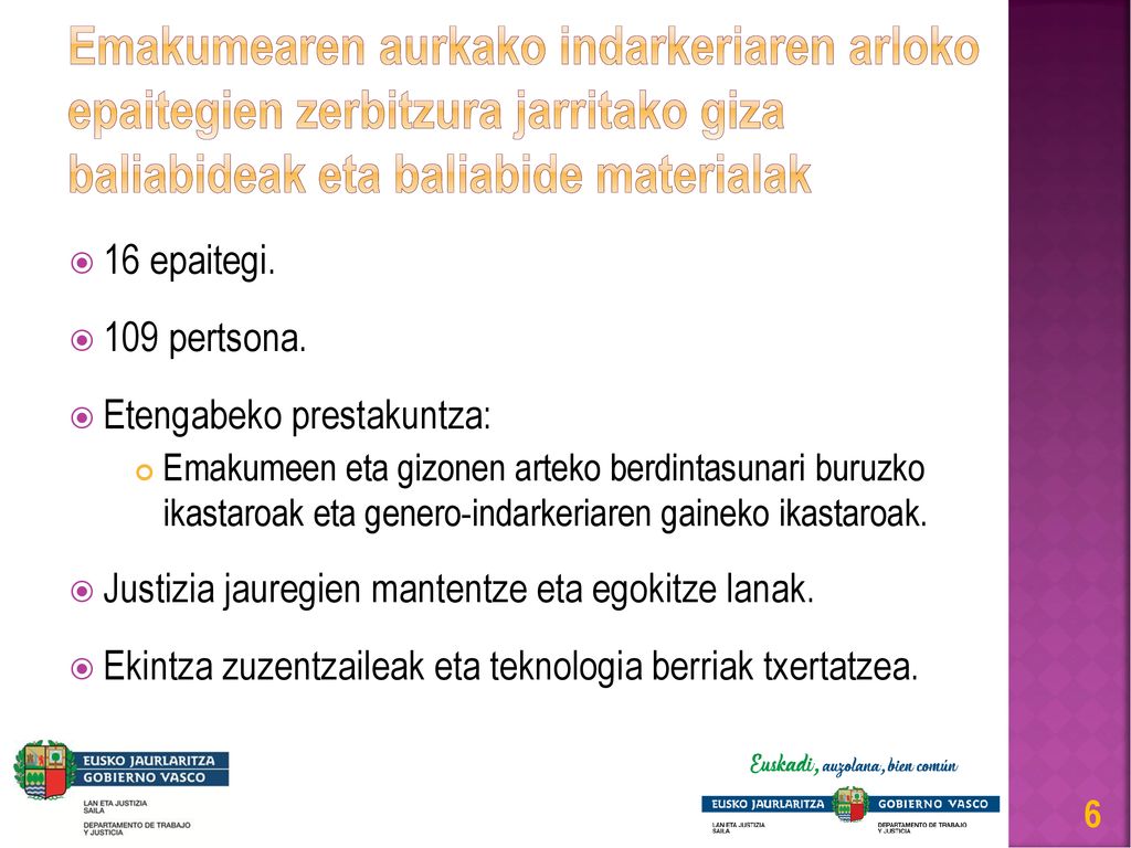 Emakumearen aurkako indarkeriaren arloko epaitegien zerbitzura jarritako giza baliabideak eta baliabide materialak