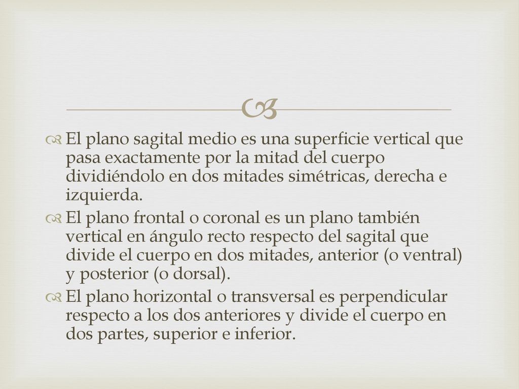 El plano sagital medio es una superficie vertical que pasa exactamente por la mitad del cuerpo dividiéndolo en dos mitades simétricas, derecha e izquierda.