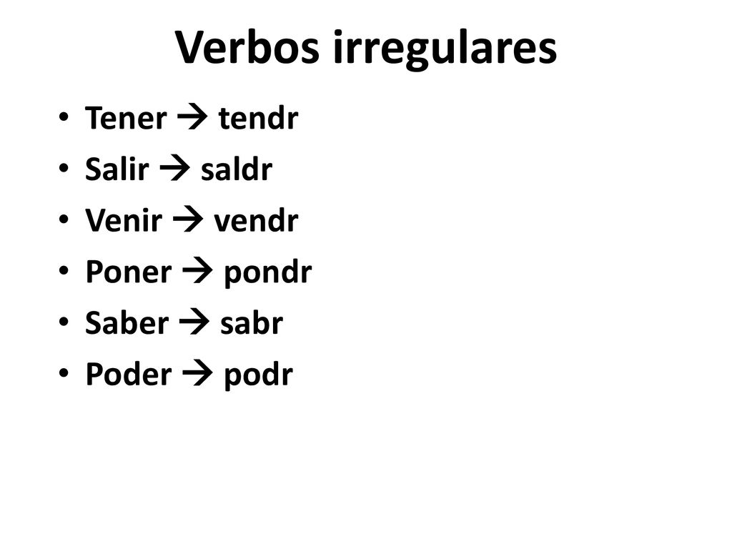 Verbos irregulares Tener  tendr Salir  saldr Venir  vendr