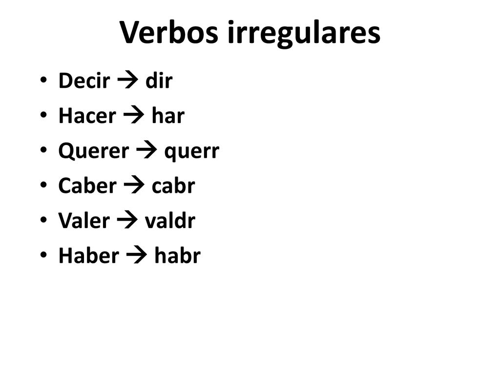 Verbos irregulares Decir  dir Hacer  har Querer  querr Caber  cabr