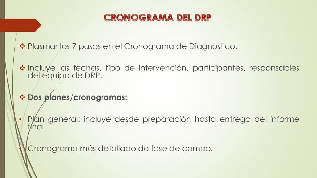 CRONOGRAMA DEL DRP Plasmar los 7 pasos en el Cronograma de Diagnóstico.