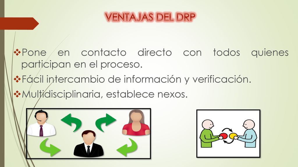 VENTAJAS DEL DRP Pone en contacto directo con todos quienes participan en el proceso. Fácil intercambio de información y verificación.
