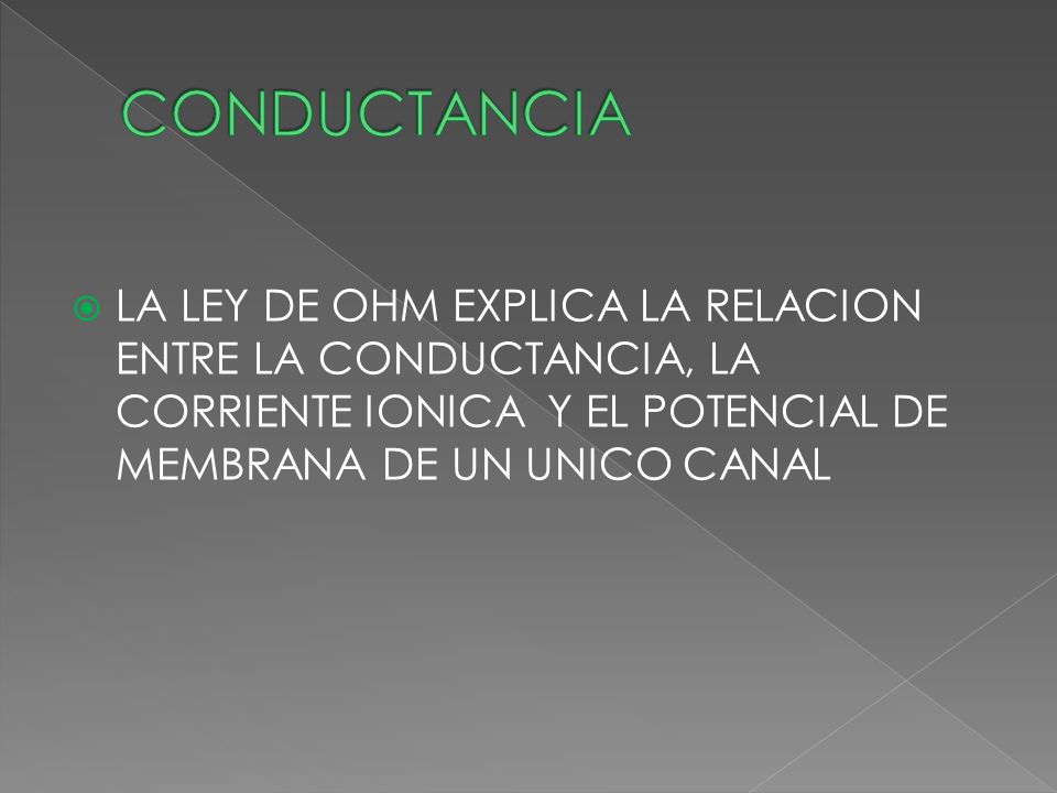 CONDUCTANCIA LA LEY DE OHM EXPLICA LA RELACION ENTRE LA CONDUCTANCIA, LA CORRIENTE IONICA Y EL POTENCIAL DE MEMBRANA DE UN UNICO CANAL.