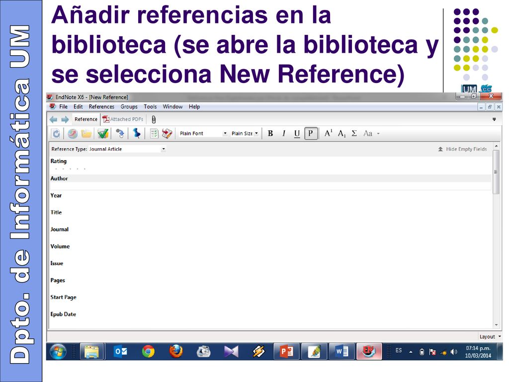 Añadir referencias en la biblioteca (se abre la biblioteca y se selecciona New Reference)
