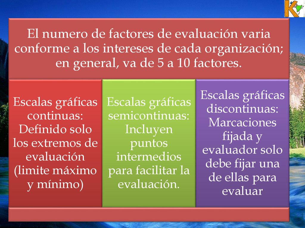 El numero de factores de evaluación varia conforme a los intereses de cada organización; en general, va de 5 a 10 factores.