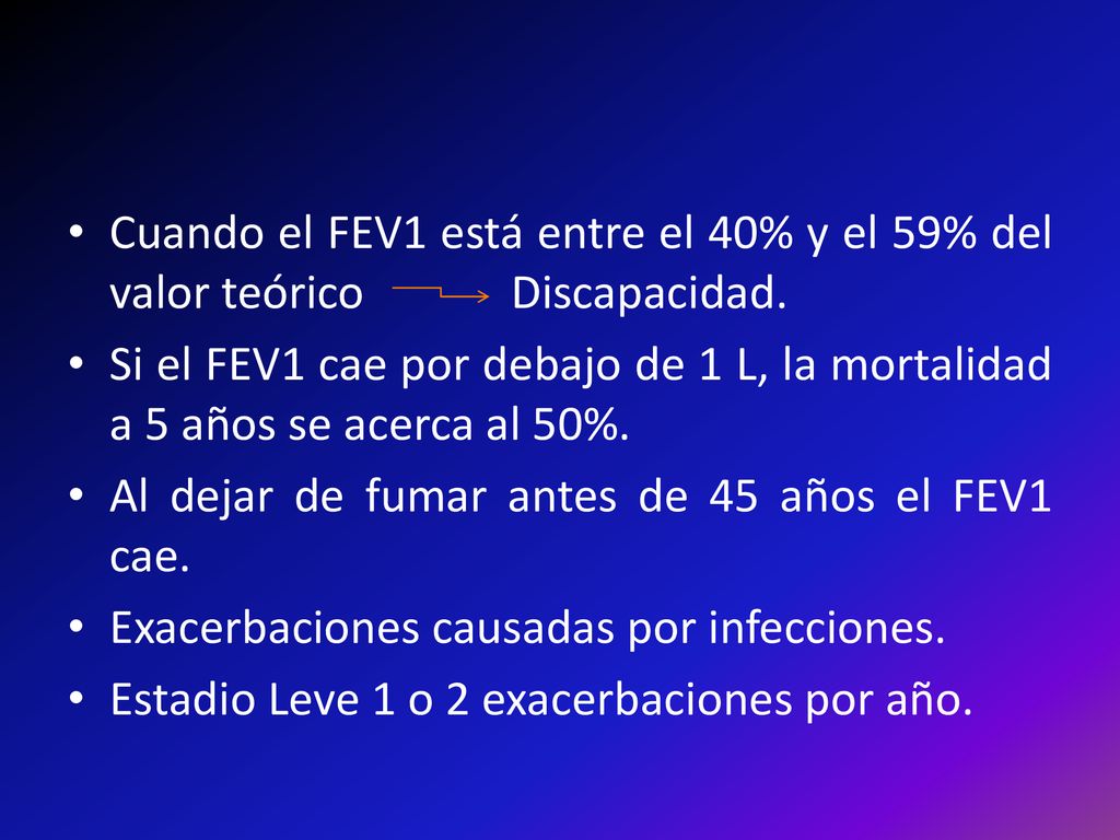 Cuando el FEV1 está entre el 40% y el 59% del valor teórico Discapacidad.