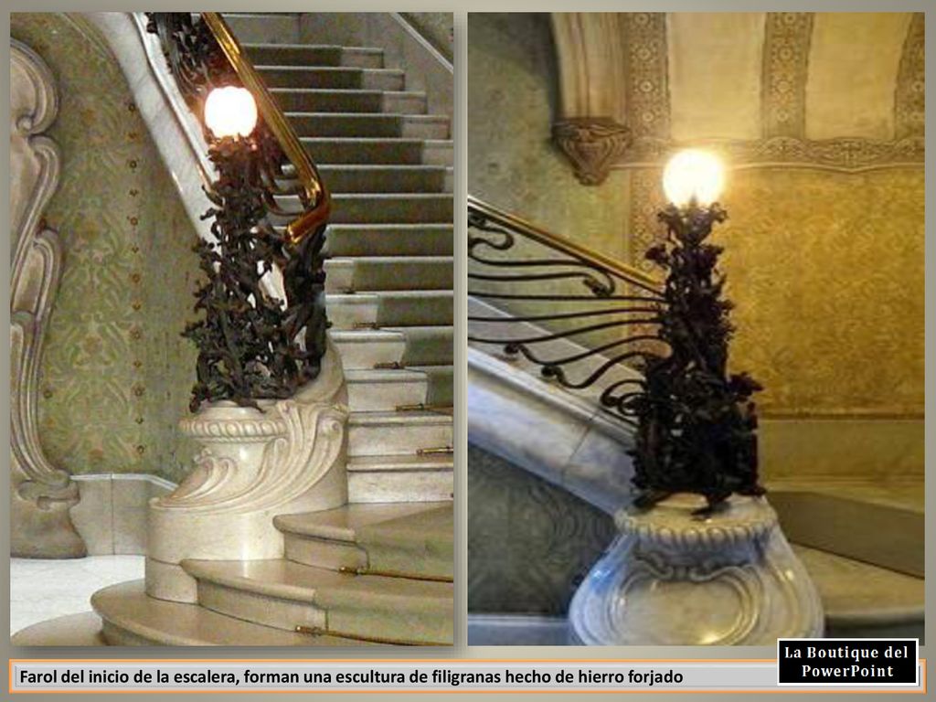 Farol del inicio de la escalera, forman una escultura de filigranas hecho de hierro forjado