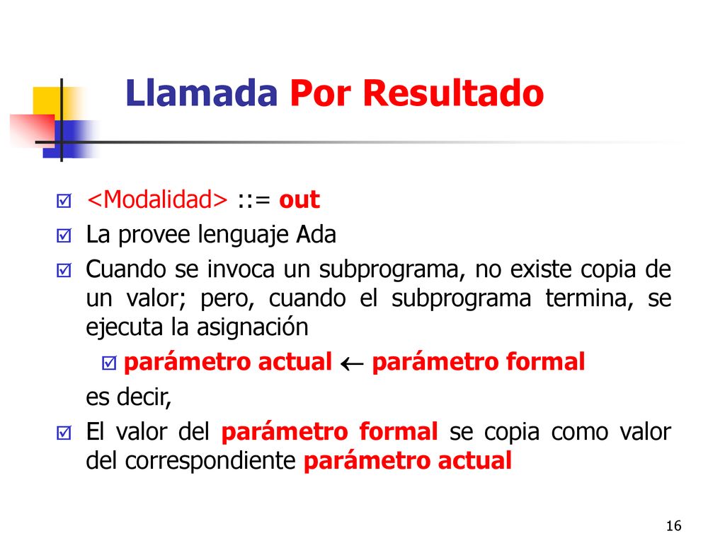 Llamada Por Resultado <Modalidad> ::= out La provee lenguaje Ada