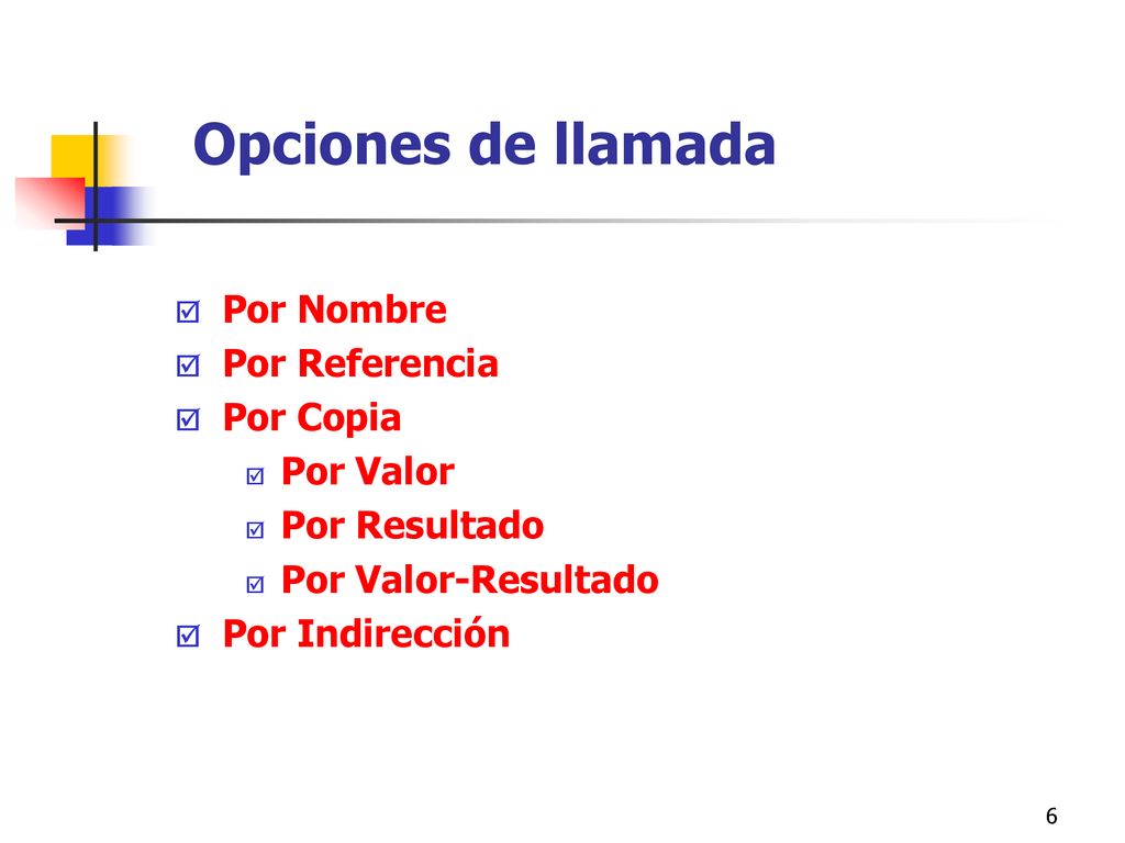 Opciones de llamada Por Nombre Por Referencia Por Copia Por Valor