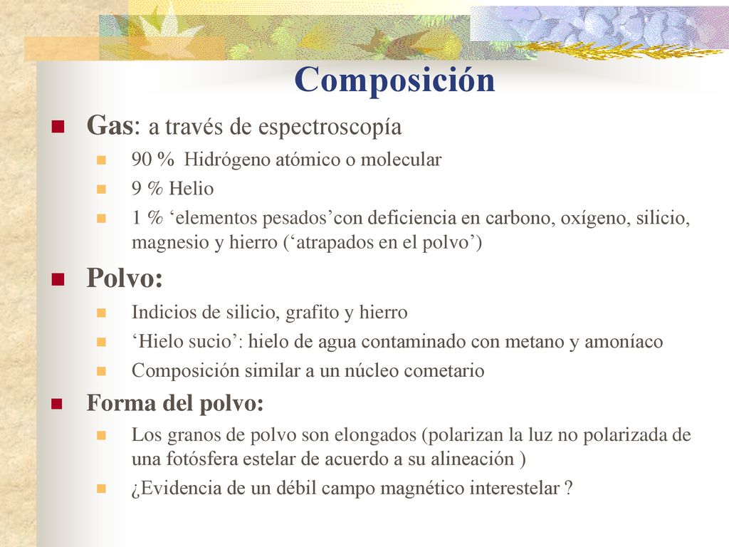Composición Gas: a través de espectroscopía Polvo: Forma del polvo: