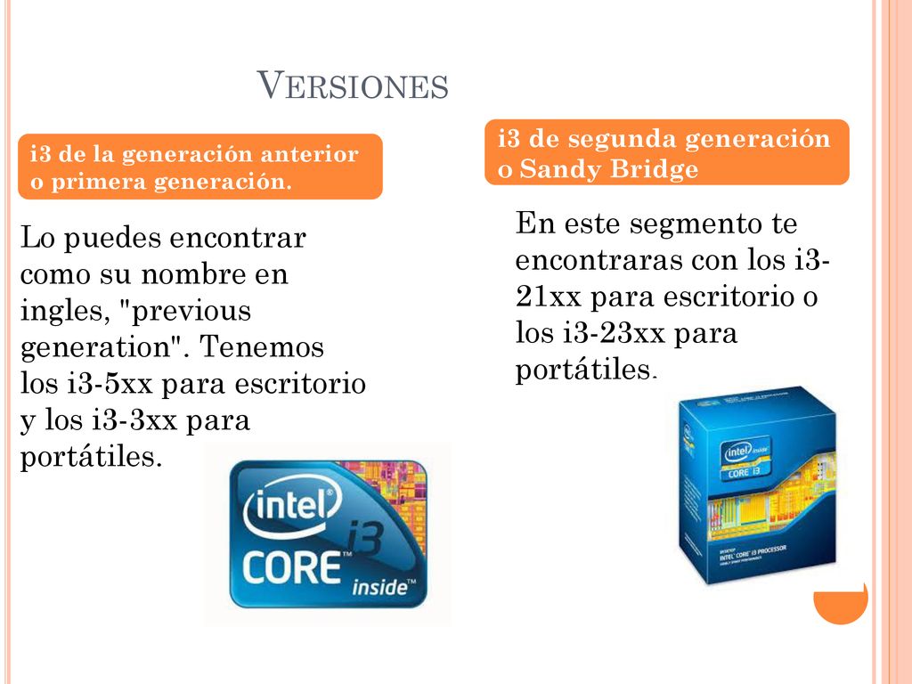 Versiones i3 de segunda generación o Sandy Bridge. i3 de la generación anterior o primera generación.
