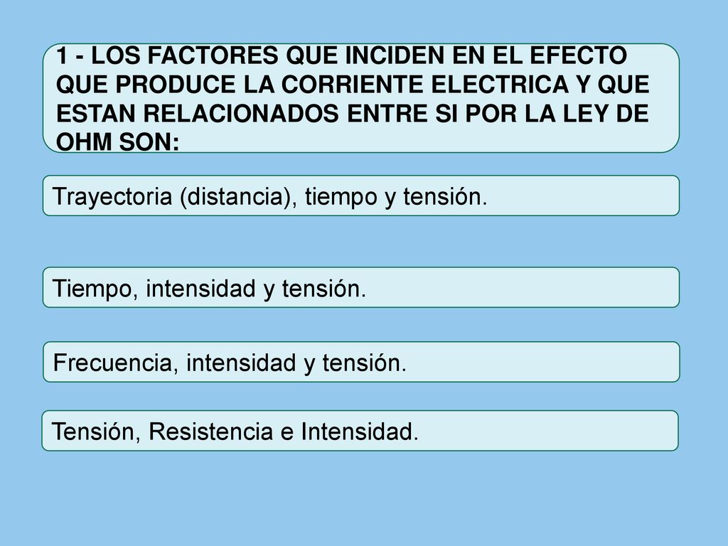 1 - LOS FACTORES QUE INCIDEN EN EL EFECTO QUE PRODUCE LA CORRIENTE ELECTRICA Y QUE ESTAN RELACIONADOS ENTRE SI POR LA LEY DE OHM SON: