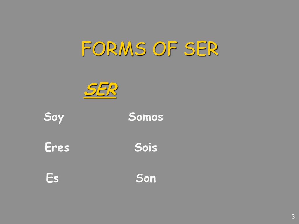 FORMS OF SER SER Soy Somos Eres Sois Es Son