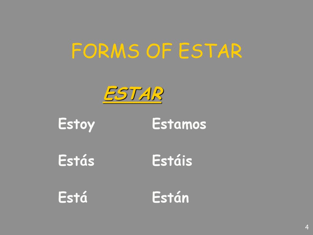 FORMS OF ESTAR ESTAR Estoy Estamos Estás Estáis Está Están