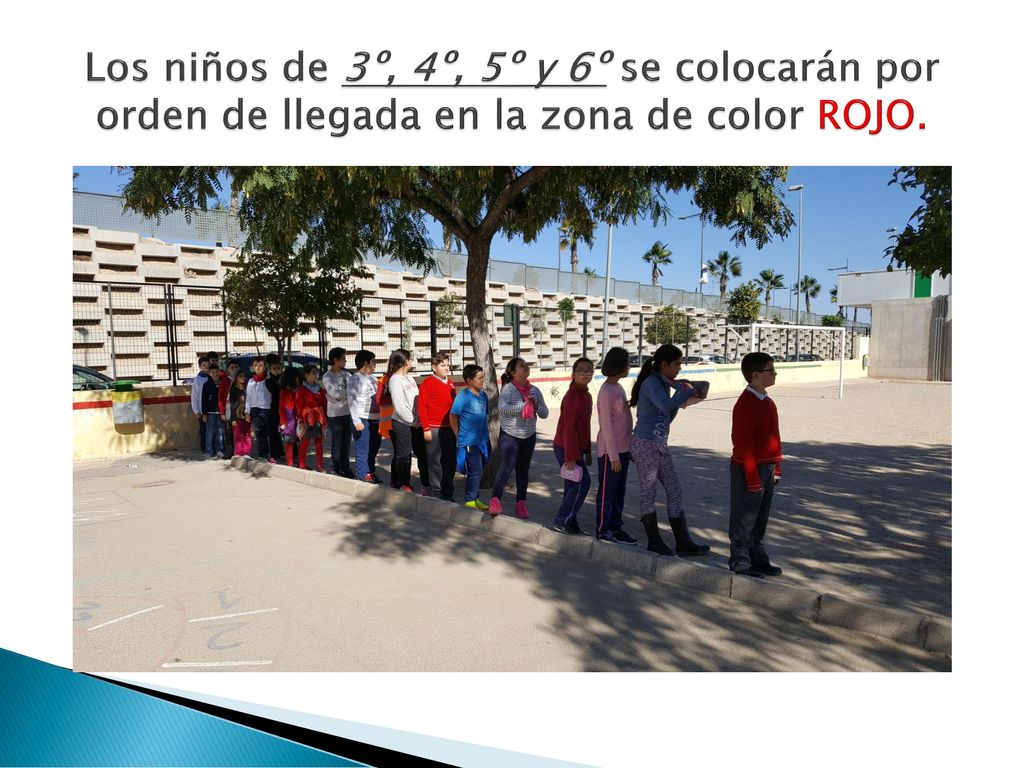 Los niños de 3º, 4º, 5º y 6º se colocarán por orden de llegada en la zona de color ROJO.