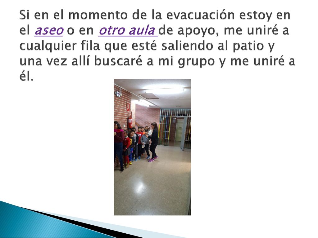 Si en el momento de la evacuación estoy en el aseo o en otro aula de apoyo, me uniré a cualquier fila que esté saliendo al patio y una vez allí buscaré a mi grupo y me uniré a él.