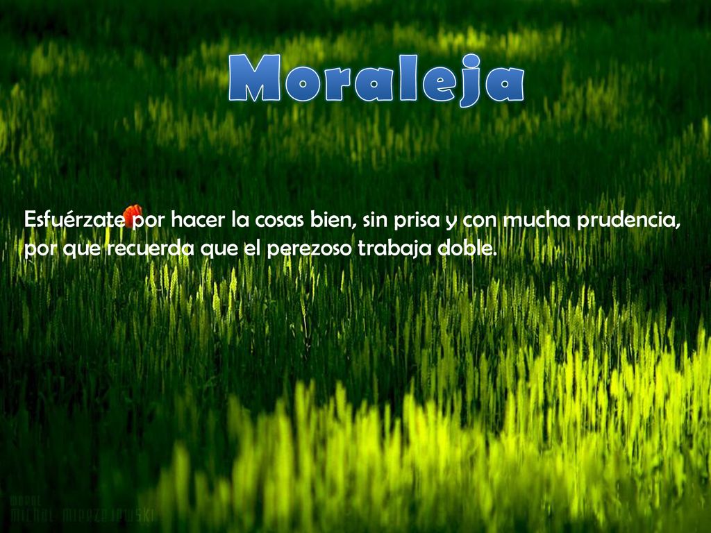 Moraleja Esfuérzate por hacer la cosas bien, sin prisa y con mucha prudencia, por que recuerda que el perezoso trabaja doble.