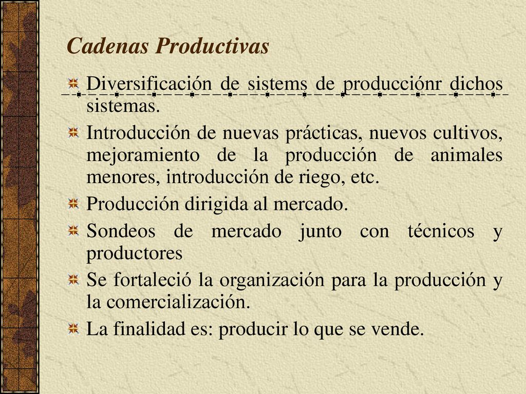 Cadenas Productivas Diversificación de sistems de producciónr dichos sistemas.