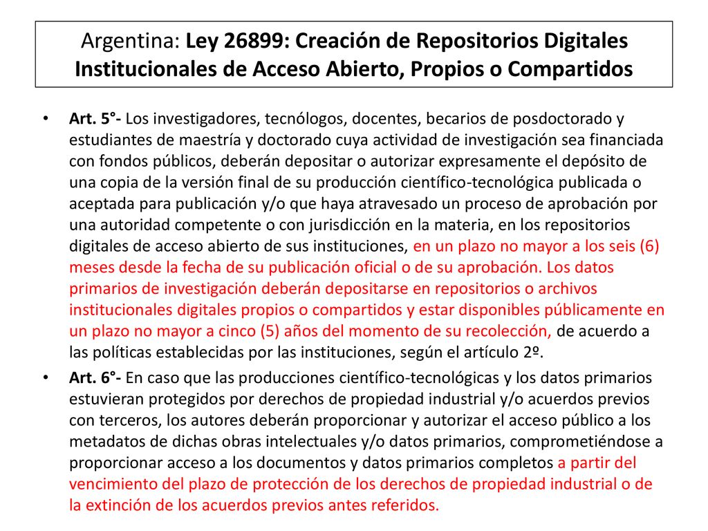 Argentina: Ley 26899: Creación de Repositorios Digitales Institucionales de Acceso Abierto, Propios o Compartidos