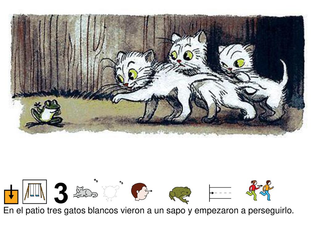 En el patio tres gatos blancos vieron a un sapo y empezaron a perseguirlo.