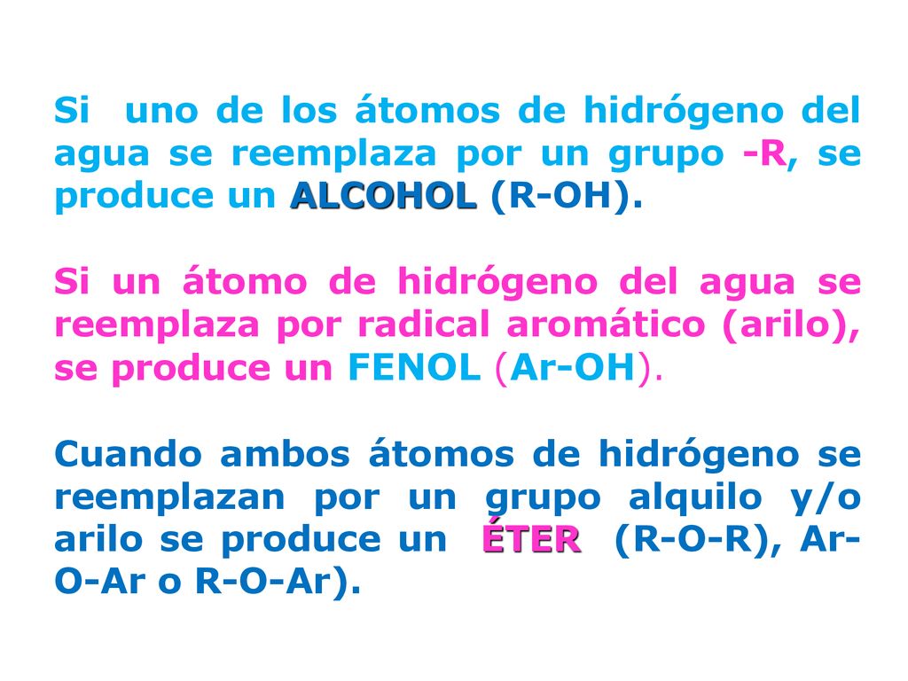 Si uno de los átomos de hidrógeno del agua se reemplaza por un grupo -R, se produce un ALCOHOL (R-OH).