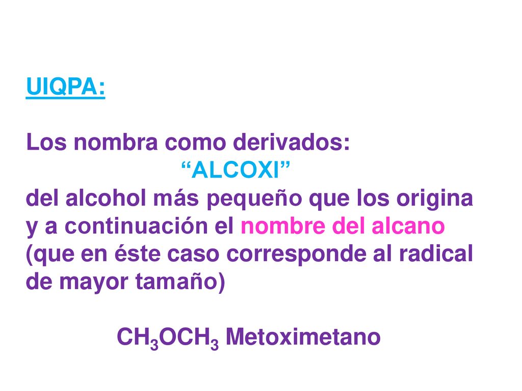 UIQPA: Los nombra como derivados: ALCOXI del alcohol más pequeño que los origina. y a continuación el nombre del alcano.