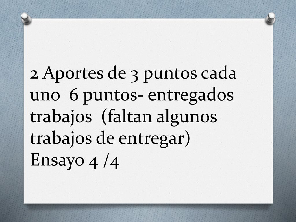 2 Aportes de 3 puntos cada uno 6 puntos- entregados trabajos (faltan algunos trabajos de entregar) Ensayo 4 /4