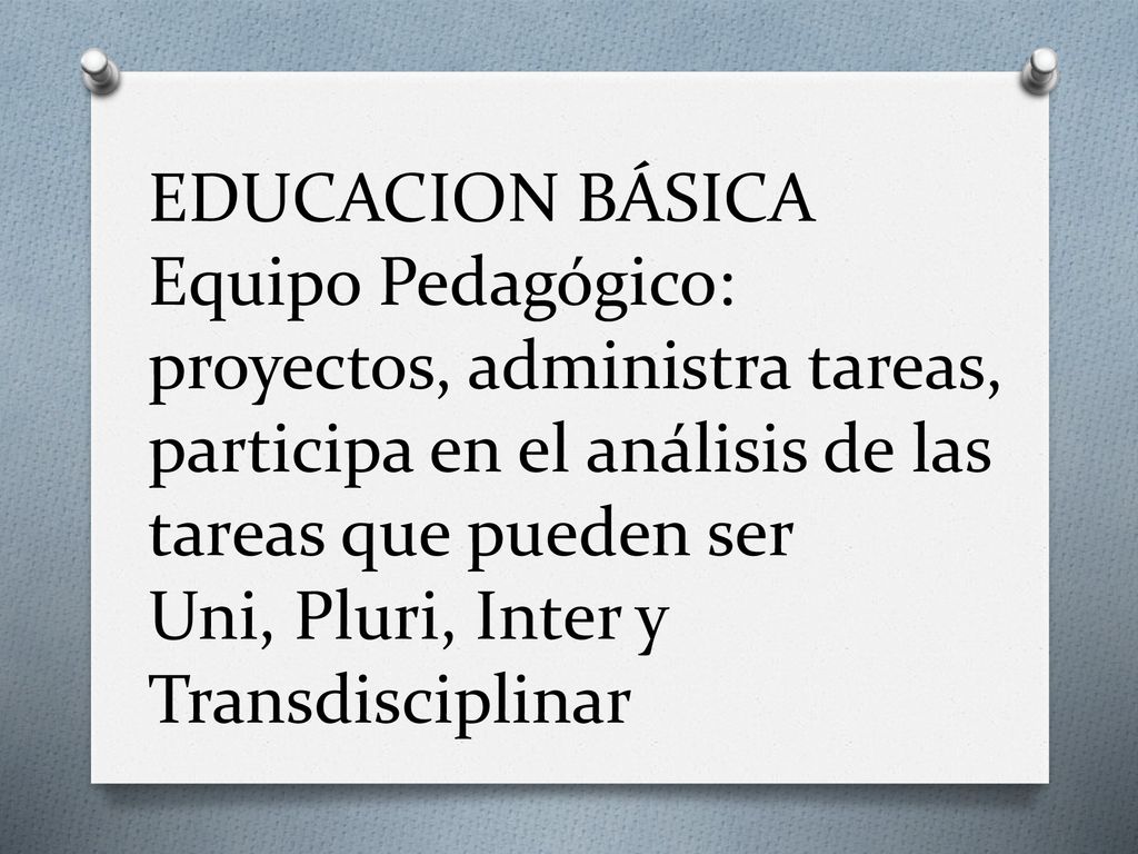 EDUCACION BÁSICA Equipo Pedagógico: proyectos, administra tareas, participa en el análisis de las tareas que pueden ser Uni, Pluri, Inter y Transdisciplinar