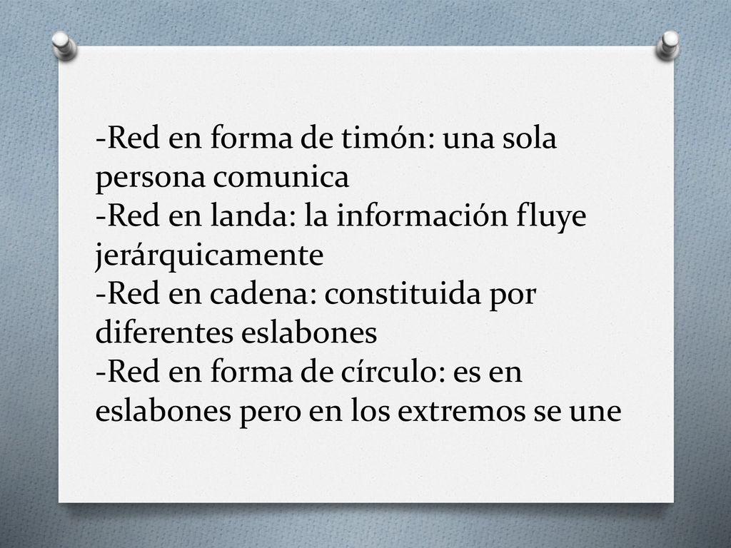 -Red en forma de timón: una sola persona comunica -Red en landa: la información fluye jerárquicamente -Red en cadena: constituida por diferentes eslabones -Red en forma de círculo: es en eslabones pero en los extremos se une