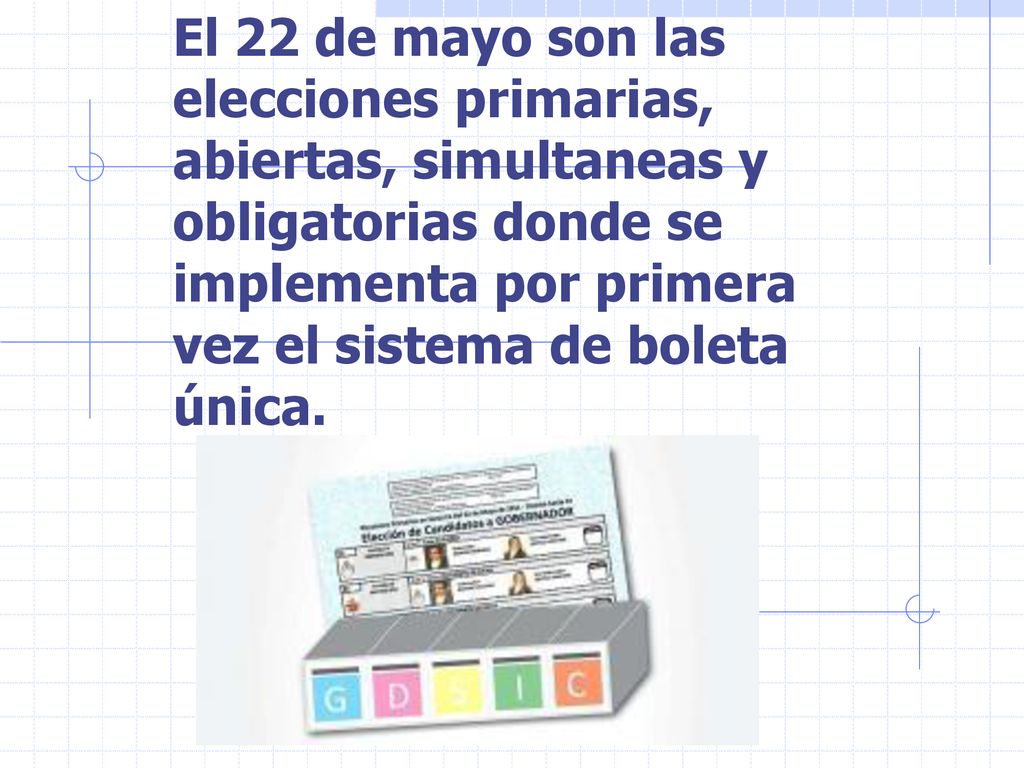 El 22 de mayo son las elecciones primarias, abiertas, simultaneas y obligatorias donde se implementa por primera vez el sistema de boleta única.