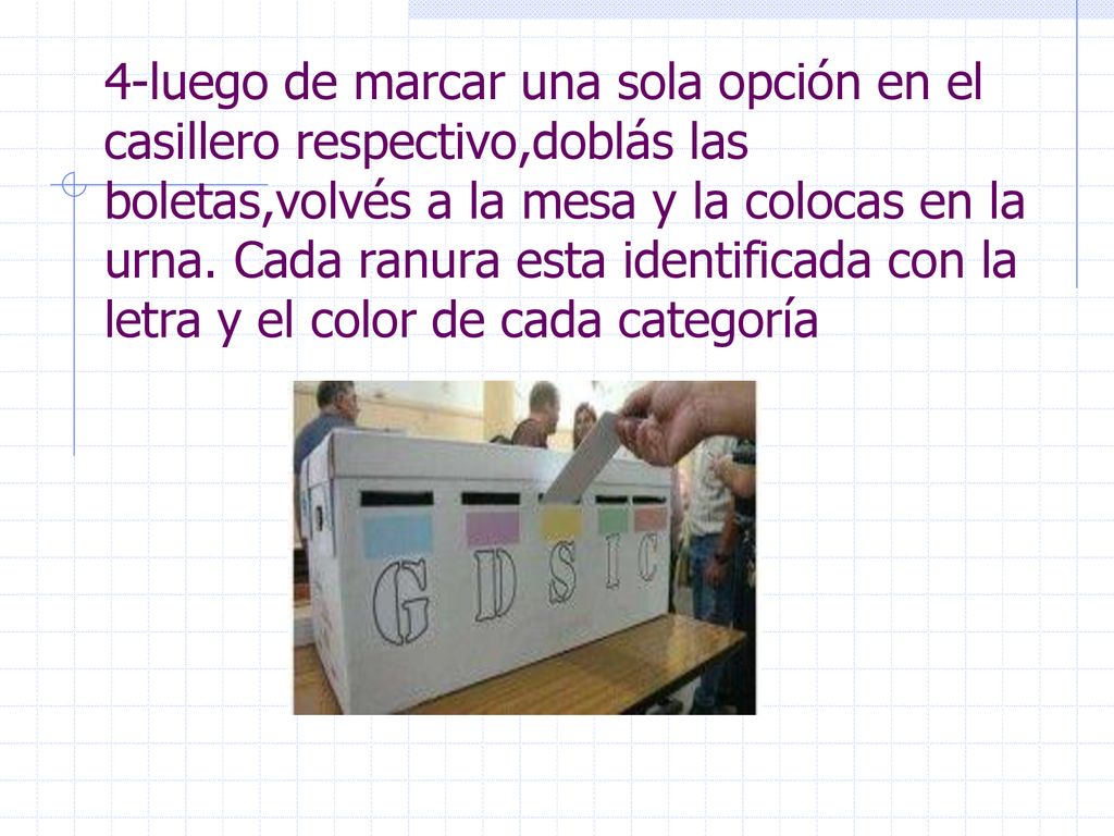 4-luego de marcar una sola opción en el casillero respectivo,doblás las boletas,volvés a la mesa y la colocas en la urna.