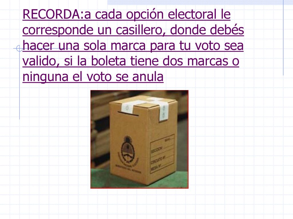 RECORDA:a cada opción electoral le corresponde un casillero, donde debés hacer una sola marca para tu voto sea valido, si la boleta tiene dos marcas o ninguna el voto se anula