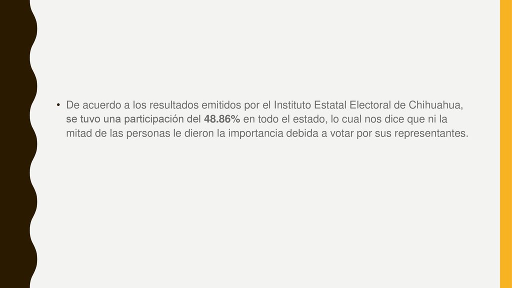 De acuerdo a los resultados emitidos por el Instituto Estatal Electoral de Chihuahua, se tuvo una participación del 48.86% en todo el estado, lo cual nos dice que ni la mitad de las personas le dieron la importancia debida a votar por sus representantes.