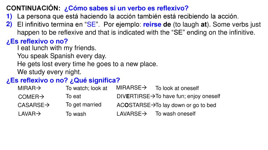 CONTINUACIÓN: ¿Cómo sabes si un verbo es reflexivo 1) 2)