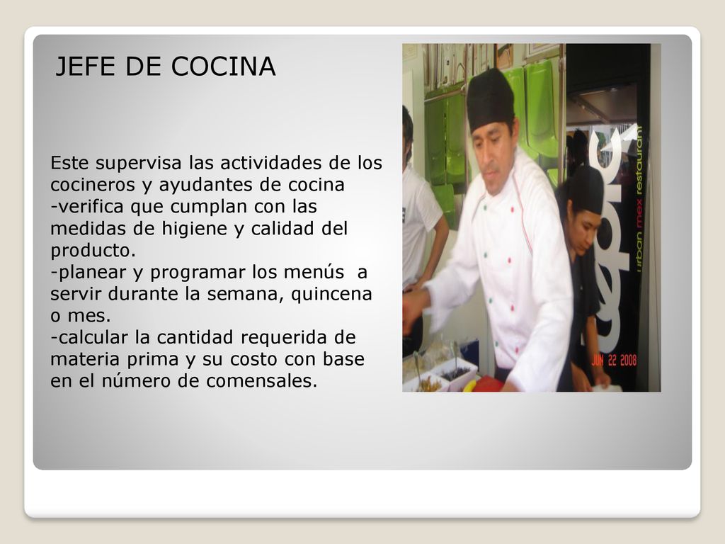 JEFE DE COCINA Este supervisa las actividades de los cocineros y ayudantes de cocina.