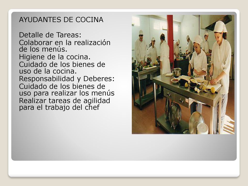 AYUDANTES DE COCINA Detalle de Tareas: Colaborar en la realización de los menús.