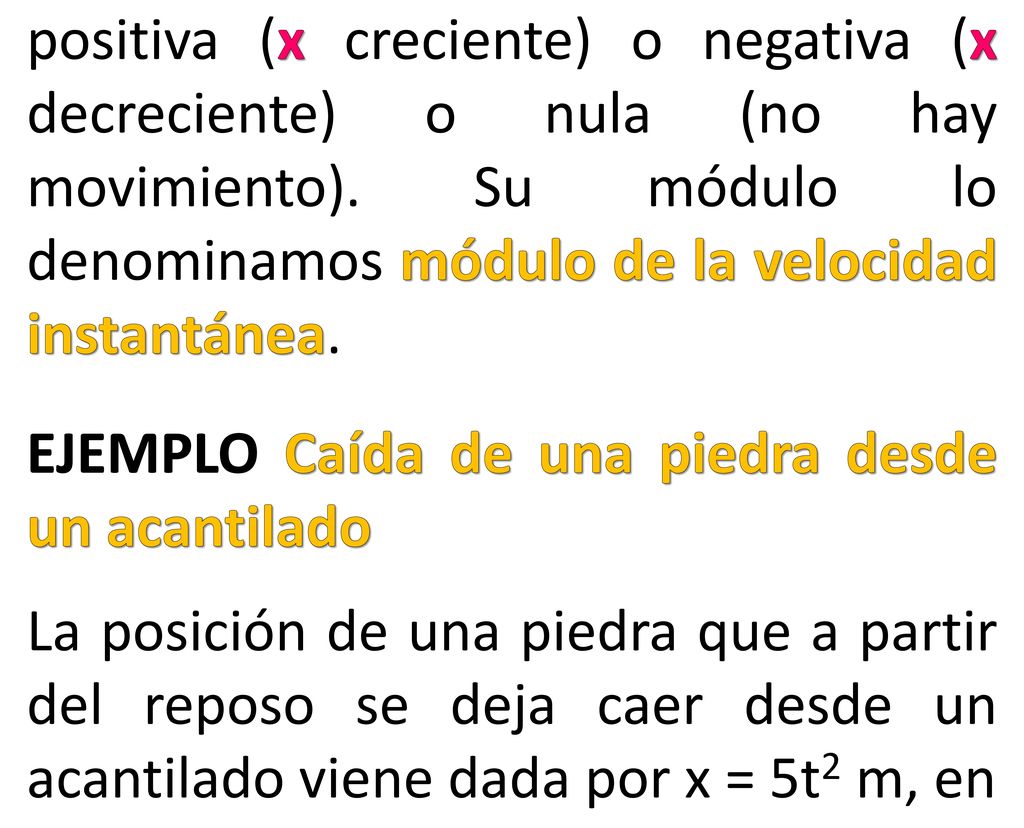 positiva (x creciente) o negativa (x decreciente) o nula (no hay movimiento). Su módulo lo denominamos módulo de la velocidad instantánea.