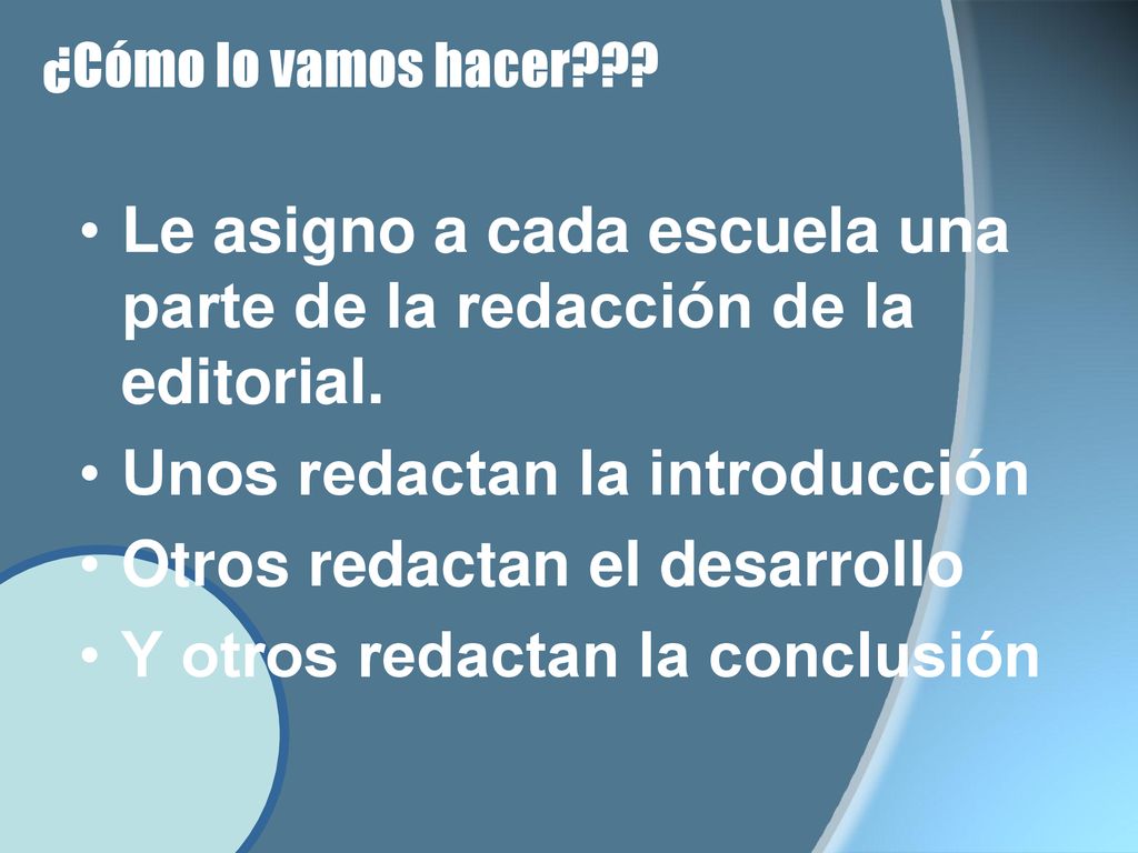 Le asigno a cada escuela una parte de la redacción de la editorial.