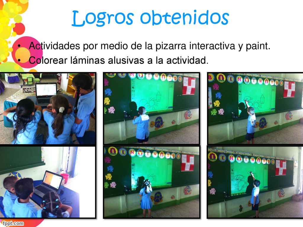 Logros obtenidos Actividades por medio de la pizarra interactiva y paint.