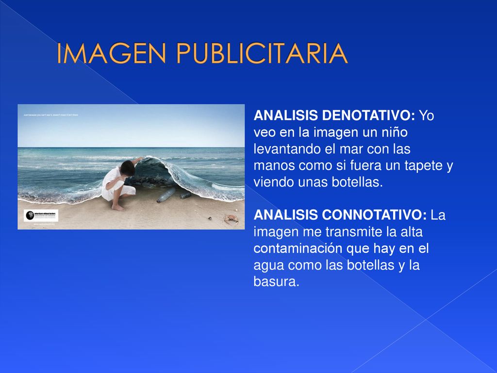 IMAGEN PUBLICITARIA ANALISIS DENOTATIVO: Yo veo en la imagen un niño levantando el mar con las manos como si fuera un tapete y viendo unas botellas.