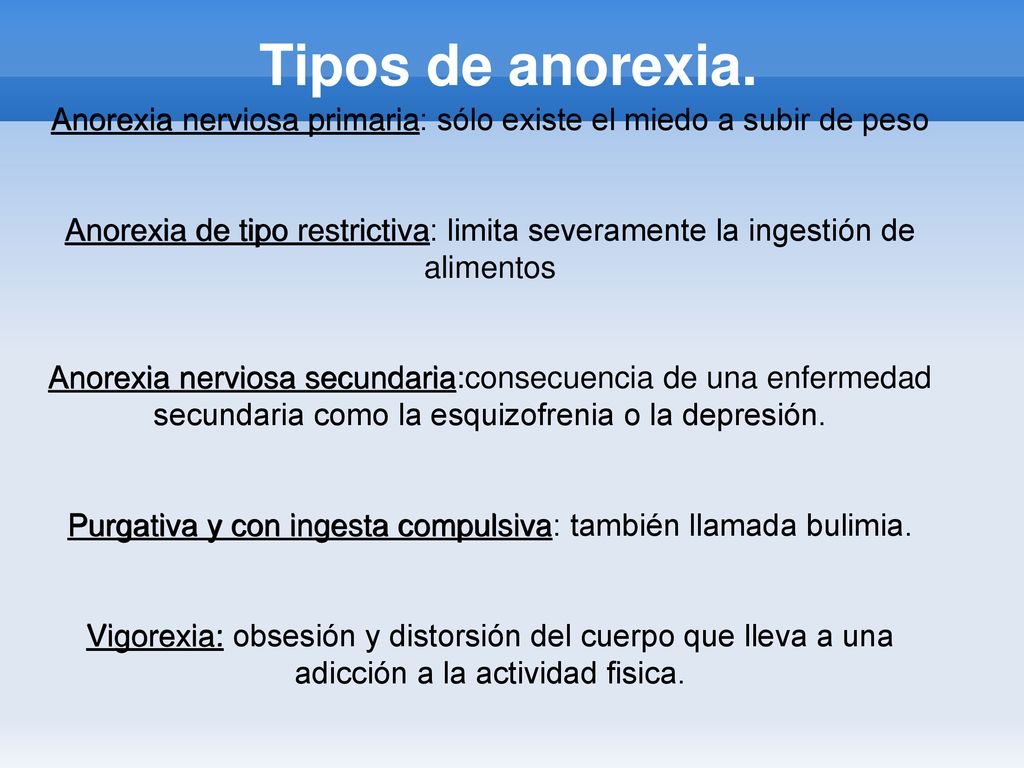 Tipos de anorexia. Anorexia nerviosa primaria: sólo existe el miedo a subir de peso.