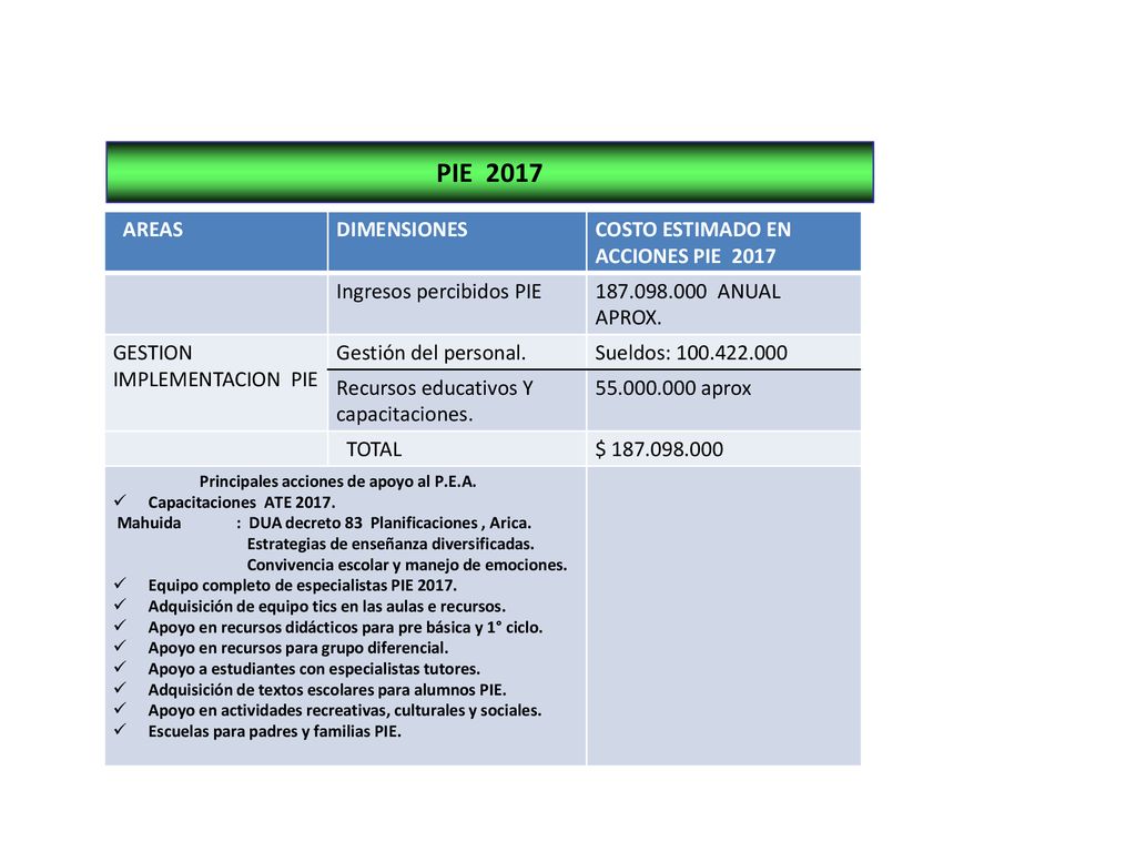 PIE 2017 AREAS DIMENSIONES COSTO ESTIMADO EN ACCIONES PIE 2017