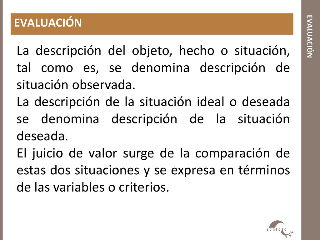 EVALUACIÓN evaluación. La descripción del objeto, hecho o situación, tal como es, se denomina descripción de situación observada.