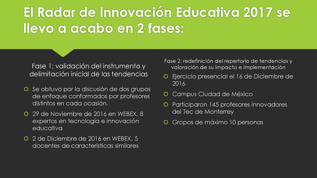 El Radar de Innovación Educativa 2017 se llevo a acabo en 2 fases:
