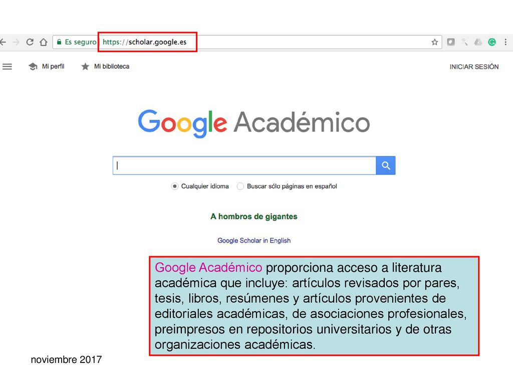 Google Académico ayuda a identificar investigaciones relevantes en el mundo de la investigación. A través de este motor de búsqueda, se puede recuperar recursos de información de muchas disciplinas; ya sea de publicaciones arbitradas, tesis, libros resúmenes y artículos provenientes de editoriales académicas, asociaciones profesionales, preimpresos en repositorios universitarios y de otras organizaciones. Es una herramienta de búsqueda que tiene como objetivo ordenar los artículos ofreciendo primero aquellos que están en texto completo, además de ofrecer información sobre el autor, la publicación y la frecuencia con la que está siendo citado en otra literatura académica. Los resultados relevantes aparecerán siempre en la primera página. Para acceder a ciertos artículos será necesario contar con la autenticación en HINARI y así poder descargar los artículos de HINARI y sus editoriales, pero también se podrá acceder a aquellos recursos que se encuentren libremente en la WWW.