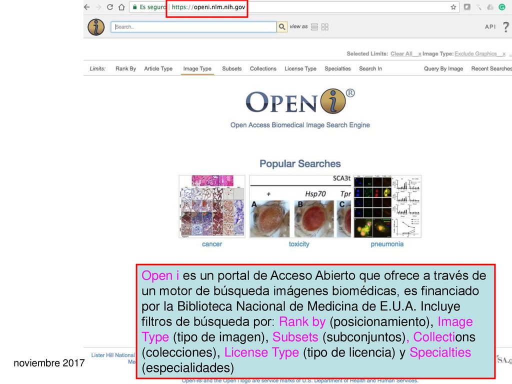 Open i es un portal de Acceso Abierto que ofrece a través de un motor de búsqueda imágenes biomédicas, es financiado por la Biblioteca Nacional de Medicina de E.U.A. Incluye filtros de búsqueda por: Rank by (posicionamiento), Image Type (tipo de imagen), Subsets (subconjuntos), Collections (colecciones), License Type (tipo de licencia) y Specialties (especialidades)